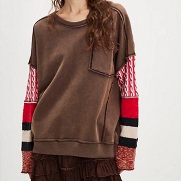 Free People We The Free Stevie Brown Mixed Media Pullover Sweatshirt